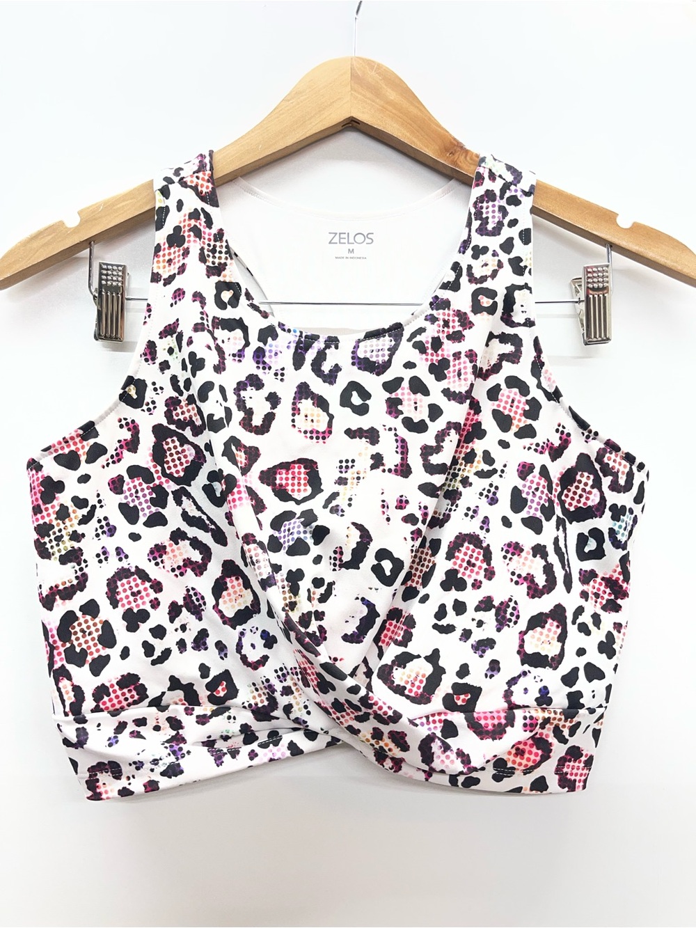 ZELOS White Leopard Spot Crop Tank with Pink & Black Accents